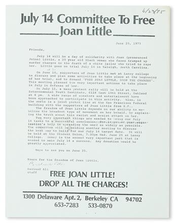 (BLACK PANTHERS.) COURT CASES. Three pieces related to Joan Littles trial for killing a prison guard who attempted to rape her in her